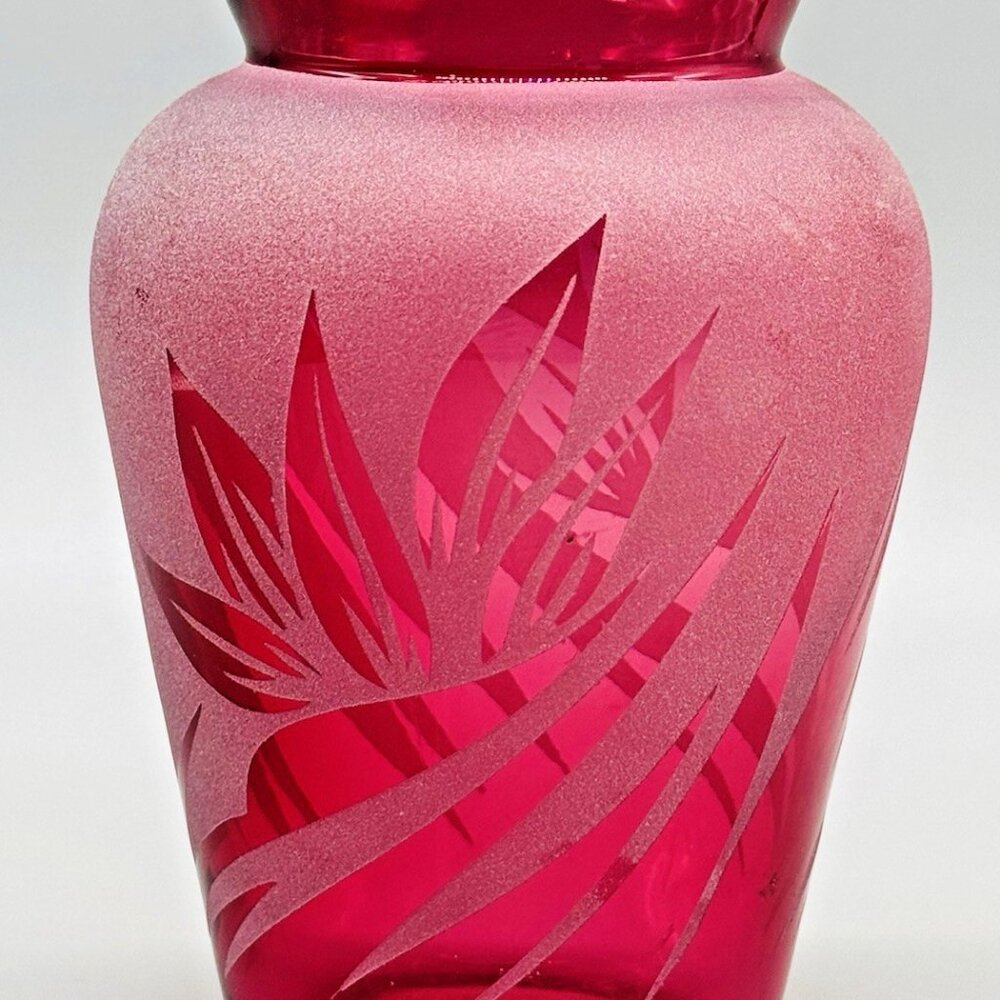 Kelsey Murphy Cranberry Pilgrim Vase‎ Sand Etched Frosted Cameo 6.5 inch Signed